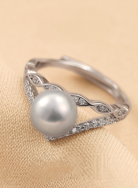 s925银海水真多麻珍珠开口可调节大小戒指时尚气质高雅奢华戒指