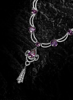 时尚流苏紫水晶项链耳环戒子套装