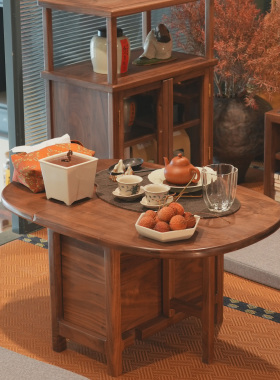 白驹格物新中式黑胡桃木小圆桌可折叠茶桌移动飘窗圆茶桌榻榻米桌