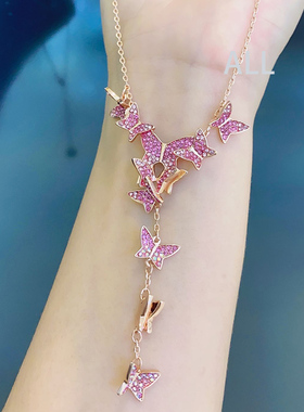 立体粉色水晶蝴蝶少女项链