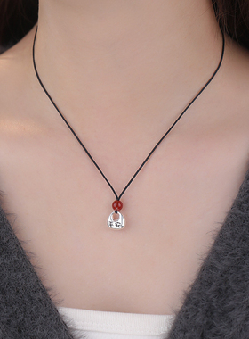 实心足银999纯银项链平安胖福吊坠银坨坨红绳情侣男女礼物锁骨链