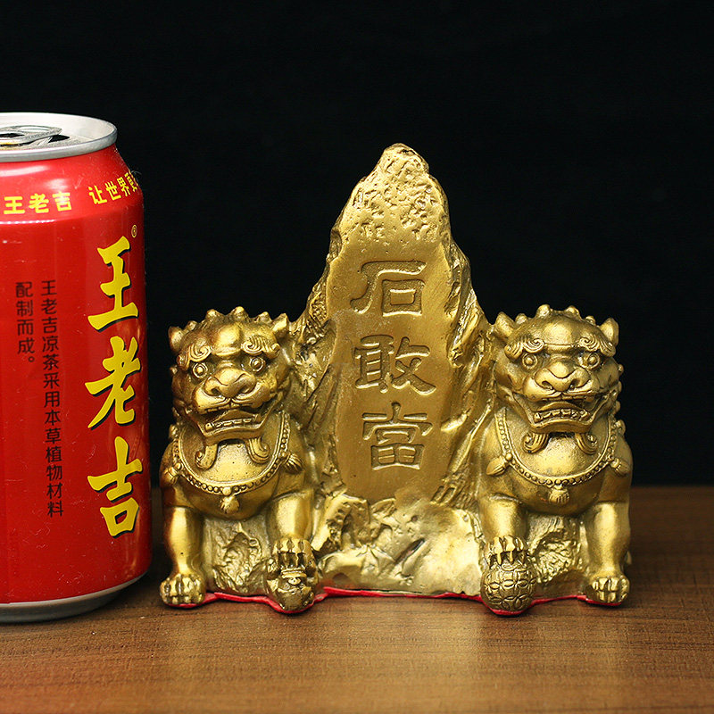 纯黄铜泰山石敢当家用风水摆件铜双狮子房屋缺角镇宅工艺品保平安