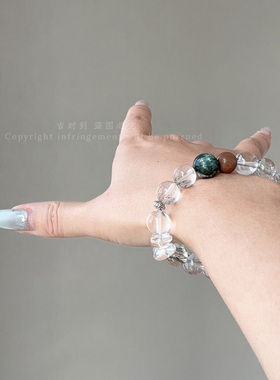 原创天然白水晶手串古法藏香香丸招财绿碧玺绿龙晶女手链喜金木