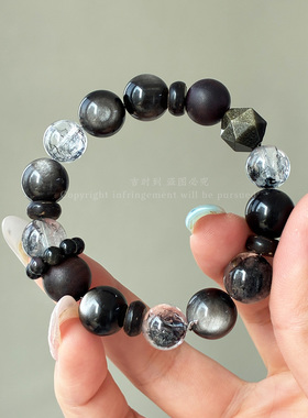 高端原创黑武士闪灵钻檀木沉香黑耀石情侣水晶手链女手串男 水木