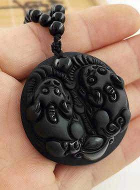 天然黑曜石双貔貅吊坠