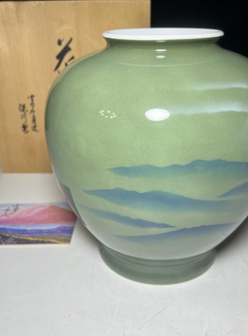 日本回流深川制灰青釉富士山图花瓶