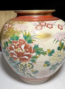 日本回流九谷司峰作锦鸡牡丹纹描金大尺寸花瓶