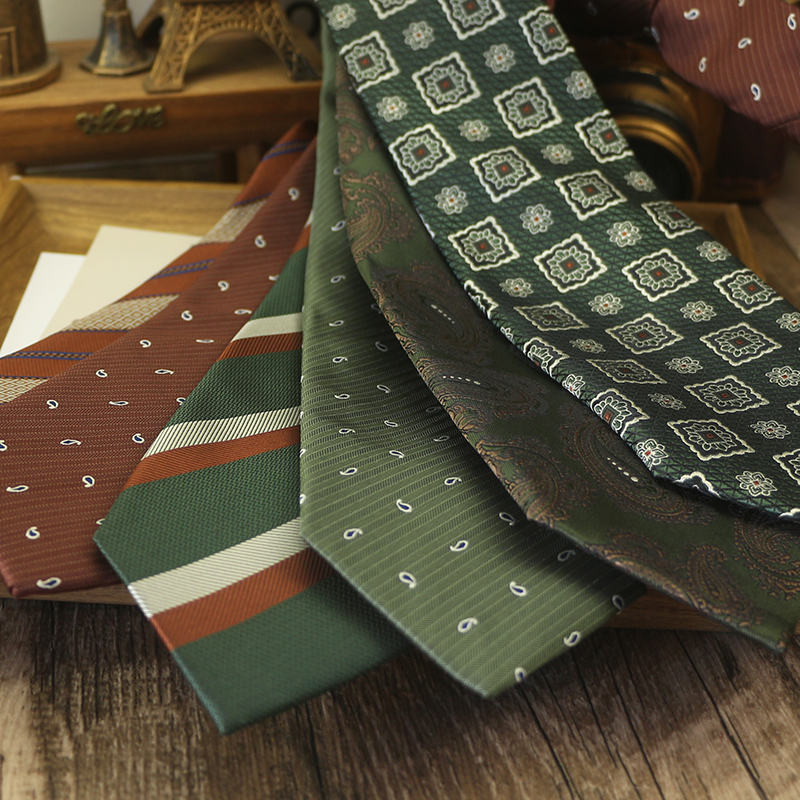 领带男8CM正装职业商务休闲英伦复古棕红金咖花朵暗红条纹韩版 - 图2