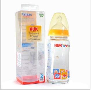 德国进口 NUK耐高温宽口玻璃彩色奶瓶1M/2M 号硅/乳胶奶嘴240ML