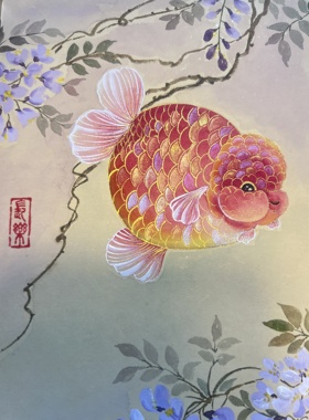 纯手绘国画紫藤锦鲤摆台家居装饰画中式美学装饰摆件33x33cm