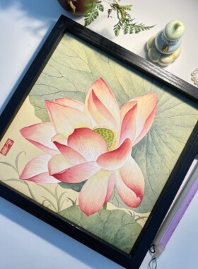 中式正方形荷花装饰画茶室餐厅书房客厅沙发背景墙装饰画27x27cm