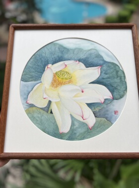 中式风格纯手绘国画荷花装饰画客厅卧室挂画家居摆画尺寸33x33cm