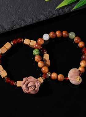 芭比檀木檀柏木佛珠手串精工雕刻玫瑰花爱心转运珠高级感文玩手链