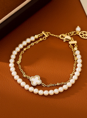 双层叠戴镀金四叶草吊坠珠珠项链锁骨链高级感轻奢手环手链饰品女