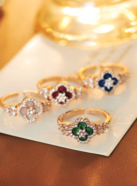 幸运四叶草吊坠项链锆石手链活口可调节戒指镀金花朵锁骨链饰品女