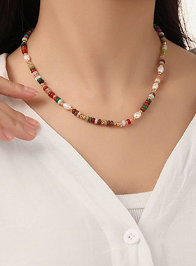 复古彩色波西米亚算盘珠石头项链手工串珠高级感个性珍珠锁骨链女