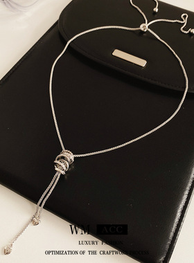 绳结锆石吊坠项链镶钻交叉打结可调节毛衣链高级感锁骨链个性饰品