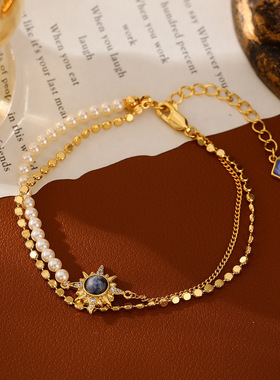 真金电镀八芒星双层叠戴珍珠手链海神项链耳钉耳环轻奢高级感饰品