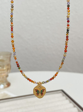 复古彩色锆石串珠滴油彩虹蝴蝶项链百搭气质高级感彩虹锁骨链饰品