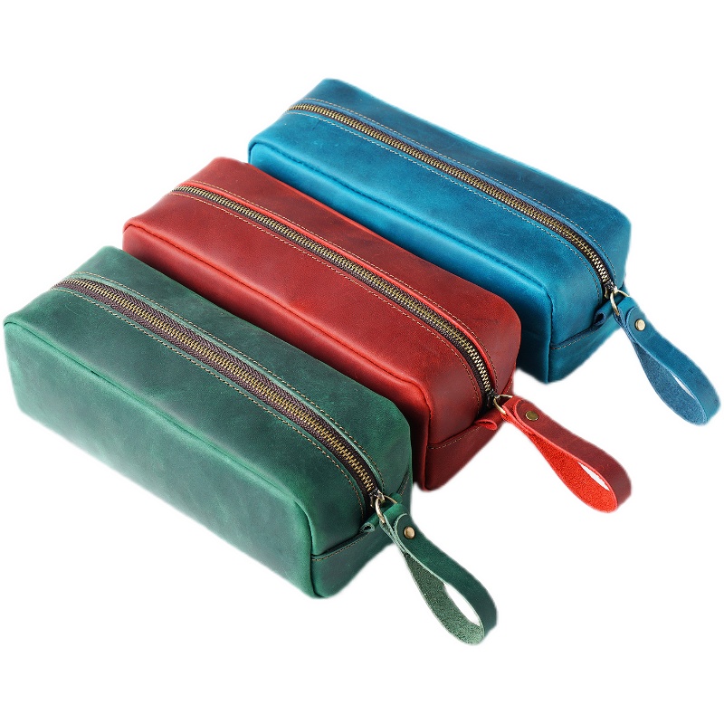 手工复古大容量头层牛皮真皮l拉链钢笔轻便笔袋笔盒文具盒收纳袋 - 图3