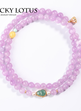 LUCKYLOTUS天然紫锂辉三圈手链单圈女手串薰衣草紫色水晶碧玉银镶