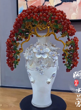 天然红玛瑙水晶招财树发财树别墅客厅公司招财高档欧式陶瓷花瓶