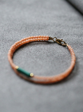 孔雀石双圈老货成色罕见橘粉手链