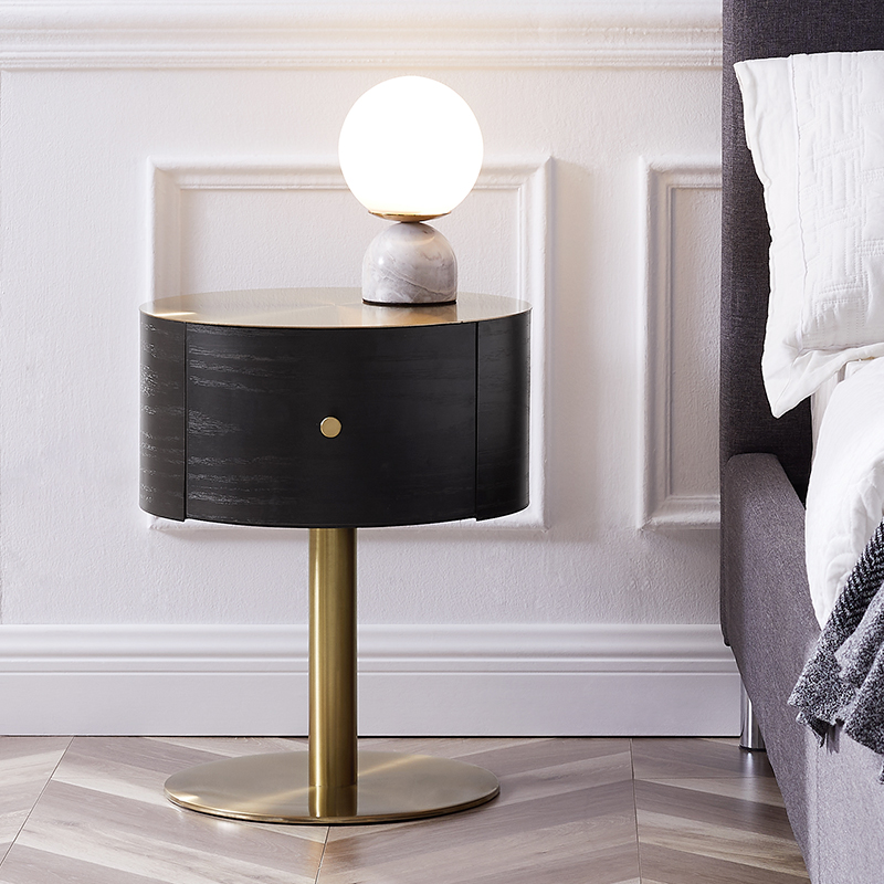 创意圆形床头柜现代轻奢高级感设计师橡木金色不锈钢40cm宽床边柜