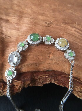 925银少女款翡翠玉三彩蛋面手链