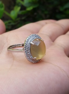 925纯银原色无烧高冰黄玉髓戒指