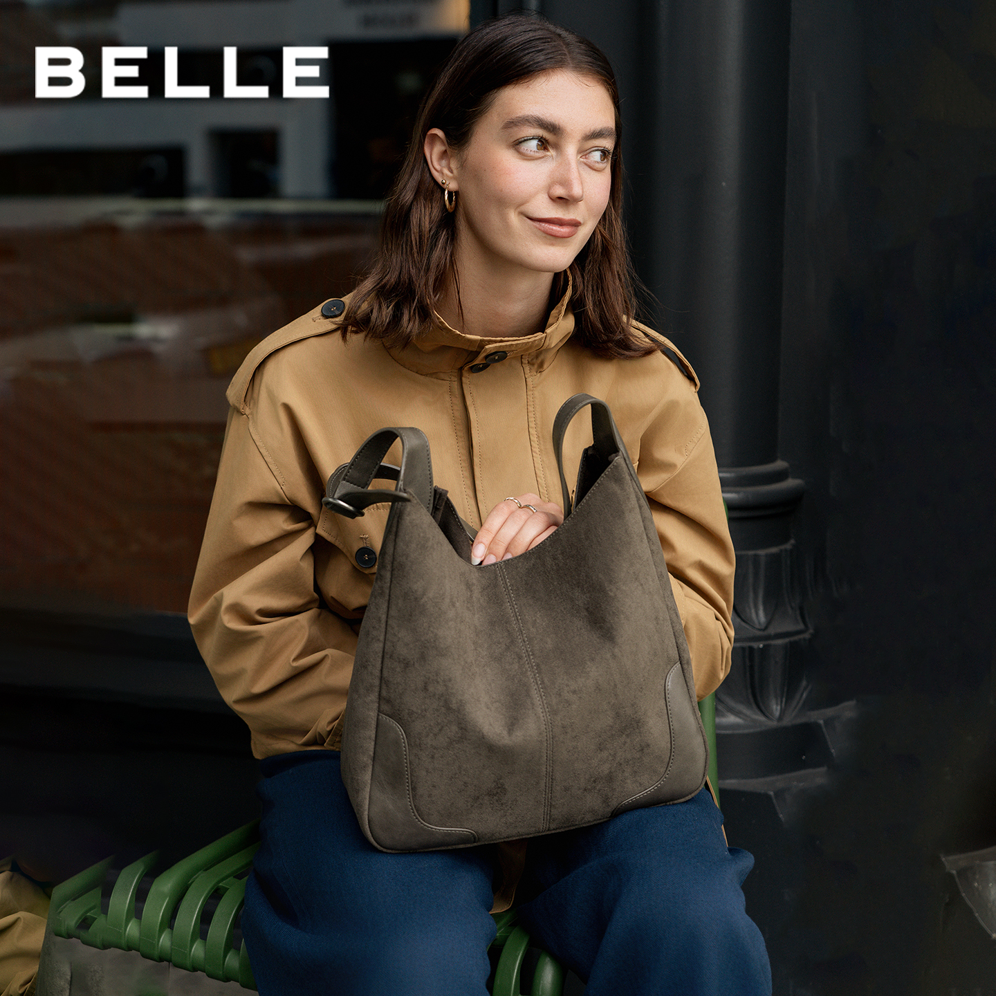 百丽包包女2025新款慵懒复古绒面质感单肩包斜挎包水桶包JX159DX5 - 图0