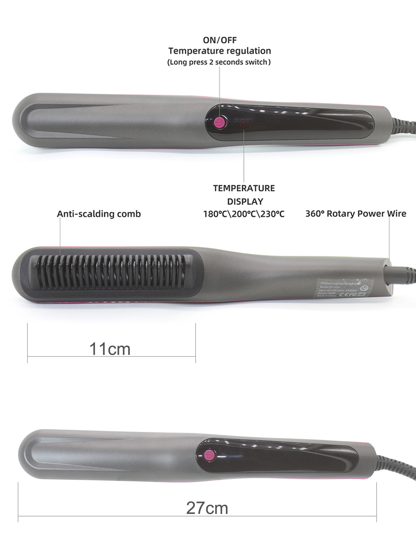 便携直发陶瓷负离子家用防烫直发梳Hair Straightener Brush 内扣 - 图2