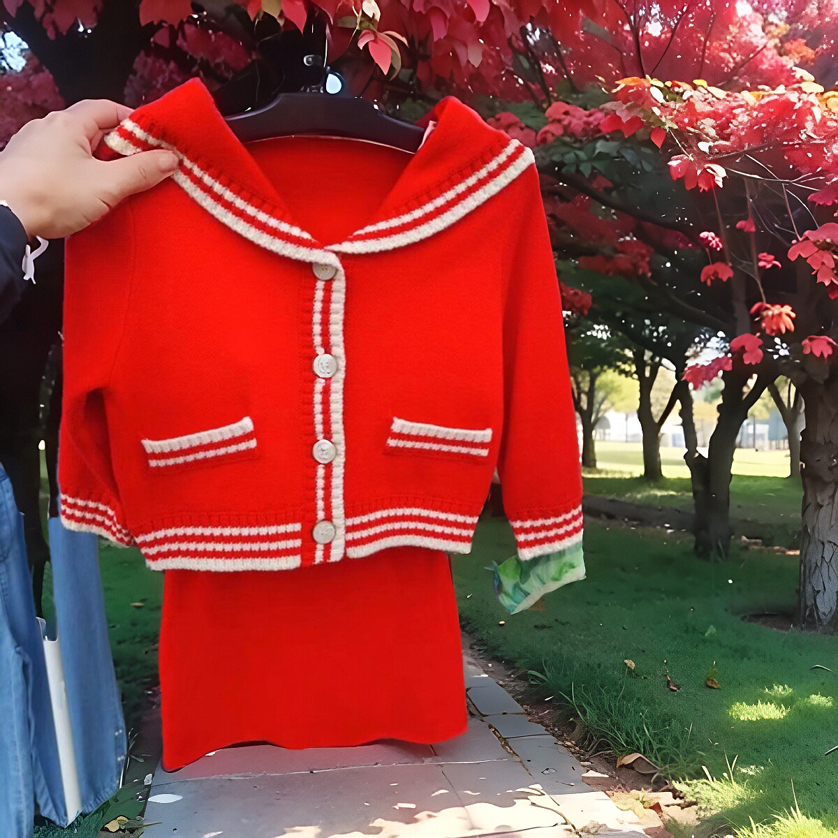 【门店新品】迪迪鹿两件套女童针织套装裙子23新款红色海军风上衣