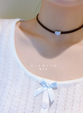 馨米娅黑色皮绳锆石爱心项链项圈