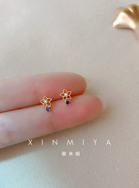 蓝色小花925纯银耳钉轻奢耳环女