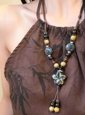 新中式复古陶瓷花朵串珠项链