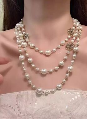 法式小香风镂空山茶花珍珠项链