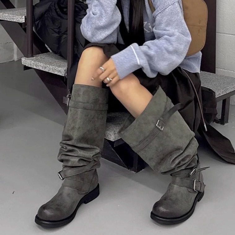 韩版小众设计大筒围堆堆过膝长靴2025冬季新款圆头高筒显瘦骑士靴,淘宝优惠券,粉丝福利购,淘宝优惠卷