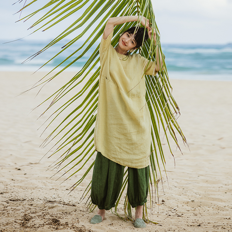 绽放旅行女装316朵/40支亚麻宽松休闲短袖海边度假连衣裙旅游穿搭-图1