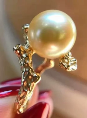 DIY珍珠配件18K铜厚镀金包金树枝款褶皱开口设计戒指指环半成品托