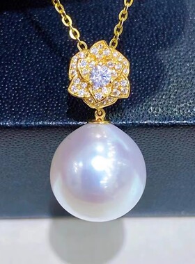 DIY珍珠配件 S925纯银山茶花款吊坠耳环半成品金银色空托坠子配饰