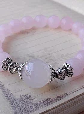 【静芙】包邮 天然水晶手链 女款 粉晶 白色玛瑙  粉色手串