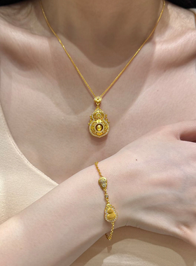新中式古法黄金色四美葫芦项链