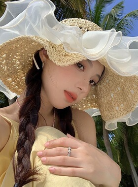 蕾丝草编太阳帽子女大帽檐夏季透气草帽海边遮全脸遮阳沙滩帽子潮