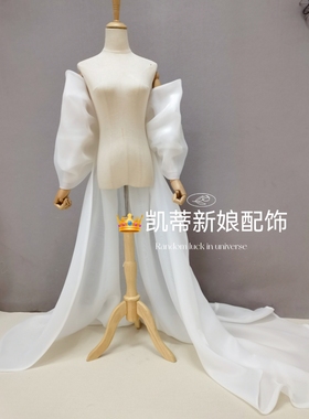 新娘婚纱配饰白色拖尾蝴蝶结造型手臂袖披风拍摄大片时尚主题影楼