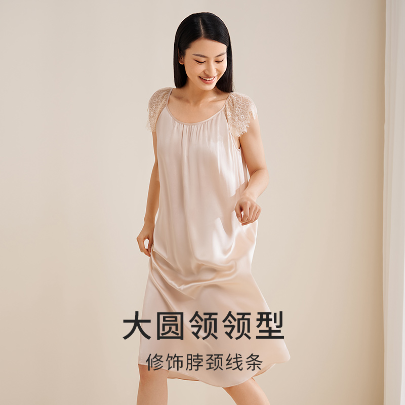 真丝睡裙女100%桑蚕丝宽松圆领蕾丝拼接可外穿家居服睡衣金三塔