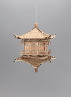 新中式创意实木禅意古建筑镜像吊灯售楼处酒店样板间玄关空中吊饰