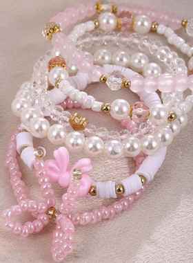 跨境欧美热销创意粉色蝴蝶结造型女士弹力手串手链套装手饰