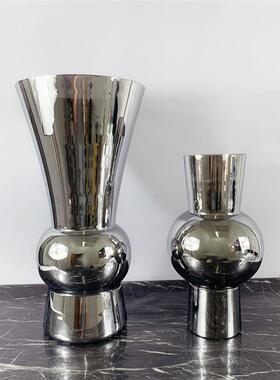 现代简约家居电镀银色玻璃花瓶花器摆件售楼处软装饰品几何花瓶