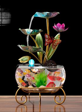 大号玻璃鱼缸创意荷花招财流水摆件循环风水轮入户玄关装饰开 业
